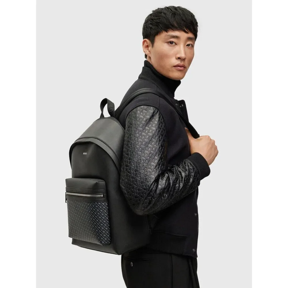 HUGO BOSS Mens Backpack Black Regenerated Leather Monogram Front Pocket ZAIR